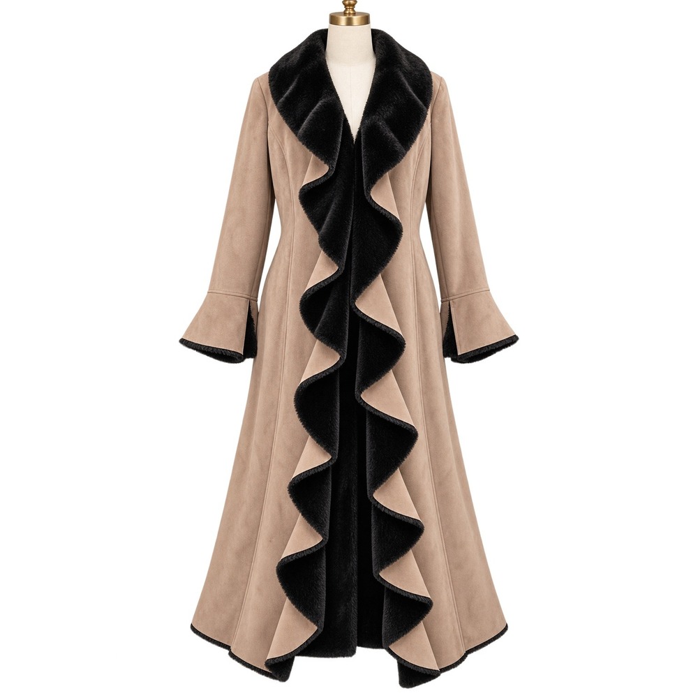 Dennis Basso Sz 8 Faux Suede Faux Fur Cascade Ruffle Maxi Coat Boho penny lane
